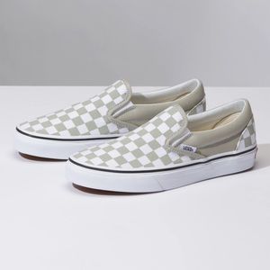 WHITE AND BEIGE CHECKERED SLIP ON VANS